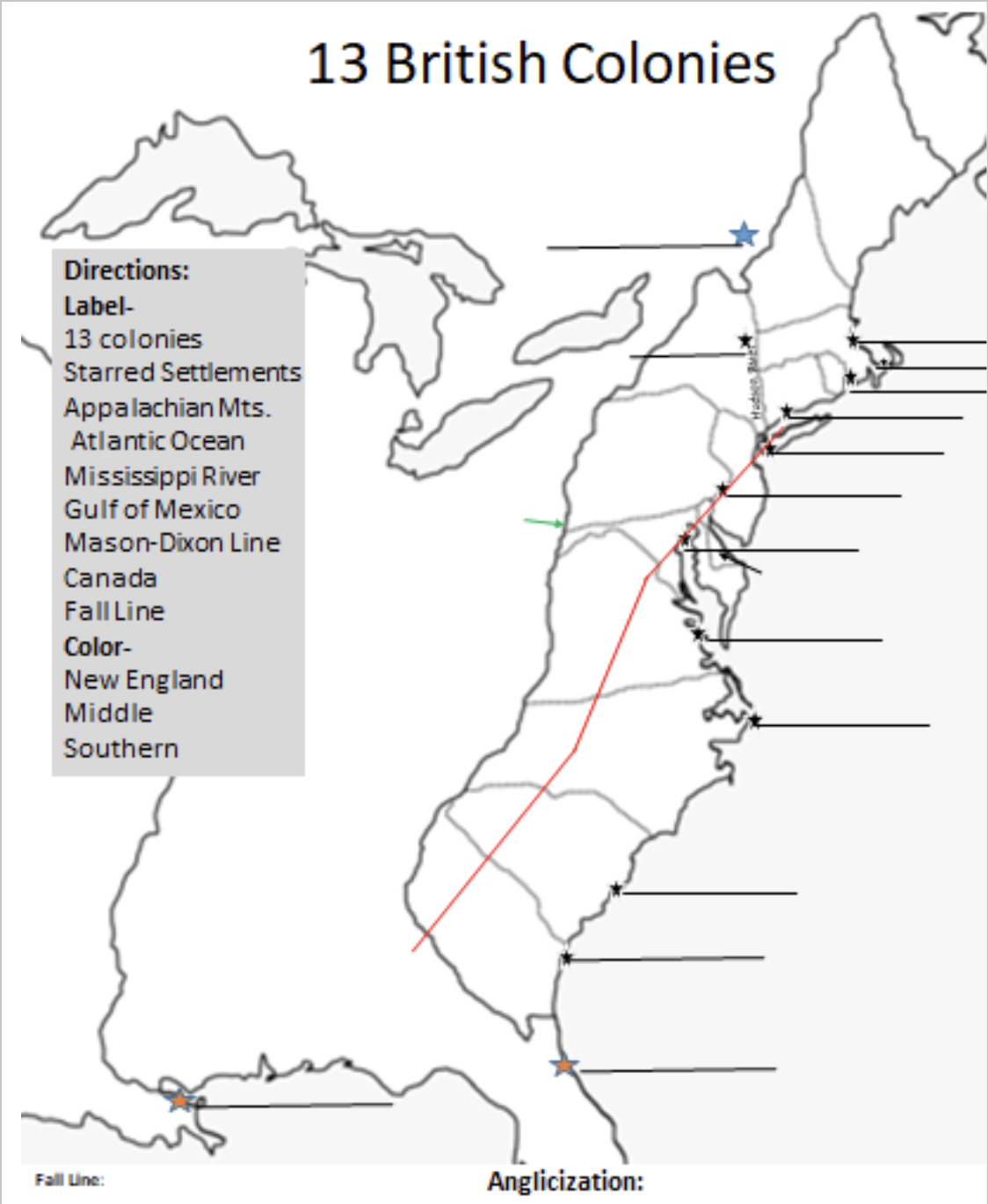 Blank 13 British Colonies map with drop zones over each colony