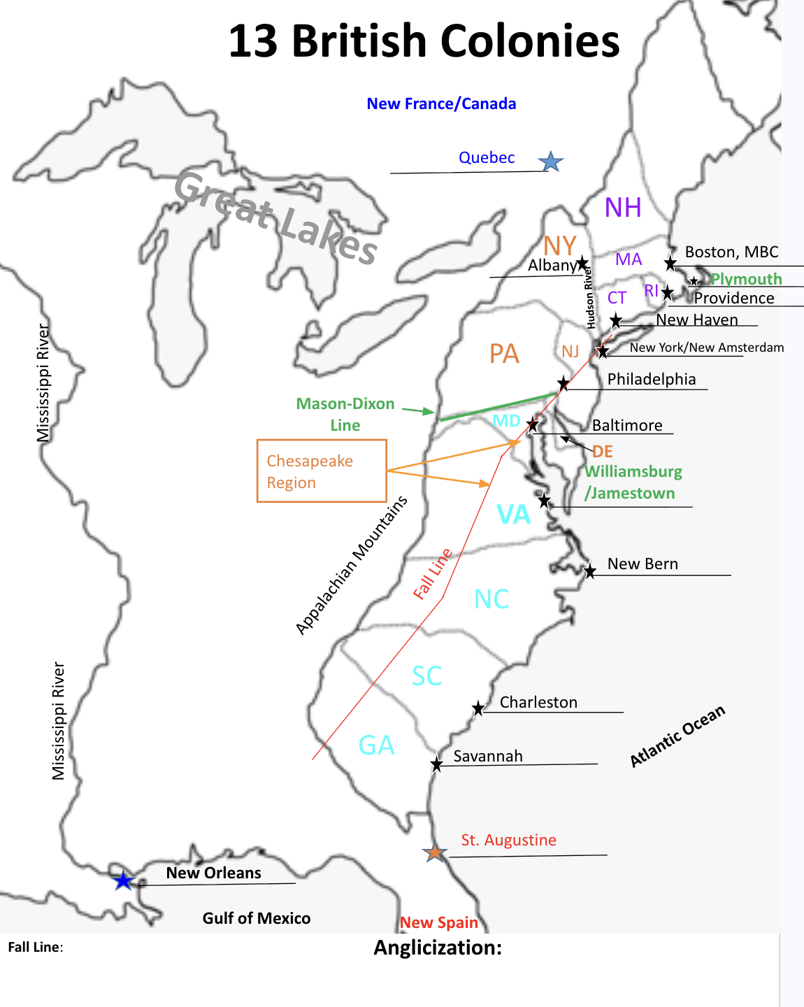 Completed answer key for the 13 British Colonies map